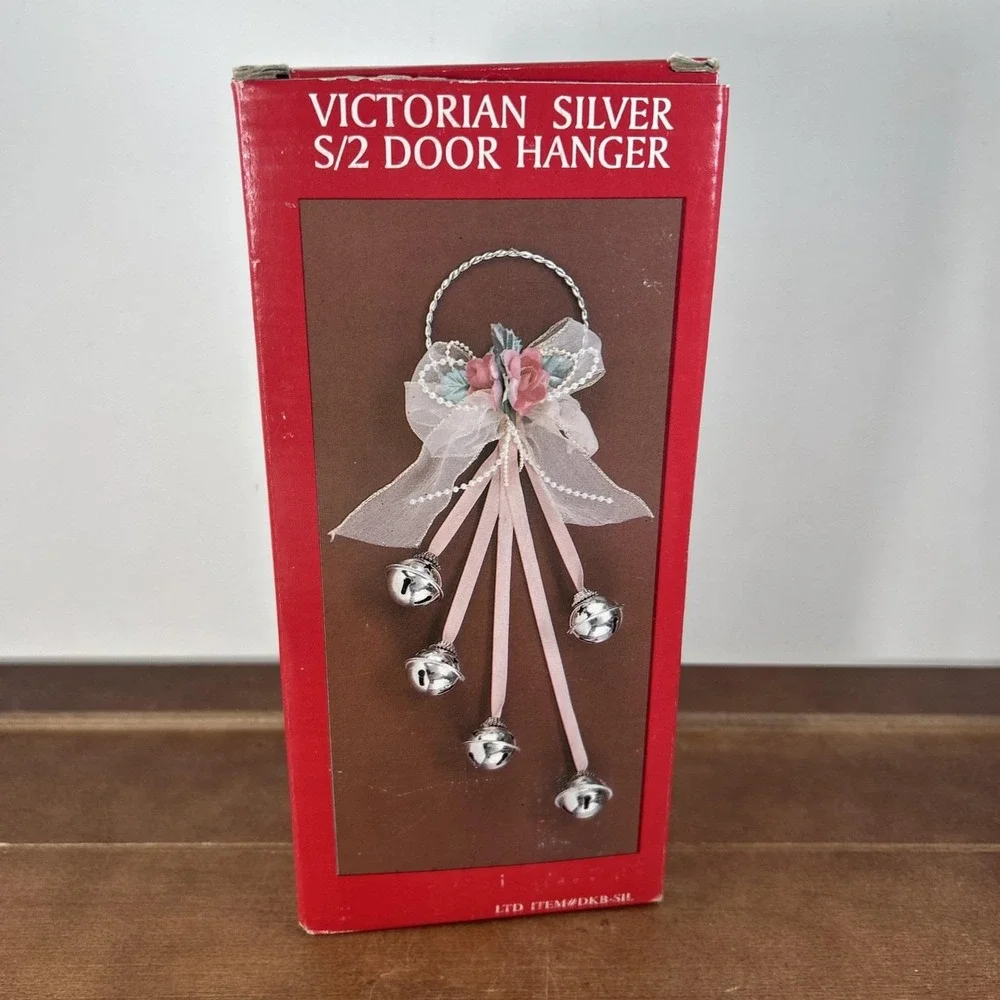 Vintage Victorian Silver, Christmas Pink Ribbons & Bells Door Hangers,‎ 2-Pcs